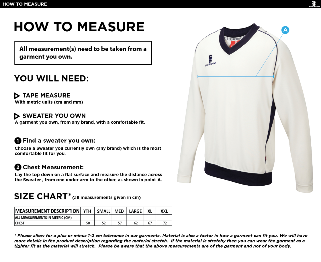 Oswaldtwistle Immanuel CC - Long Sleeve Sweater Navy Trim - Size Guide