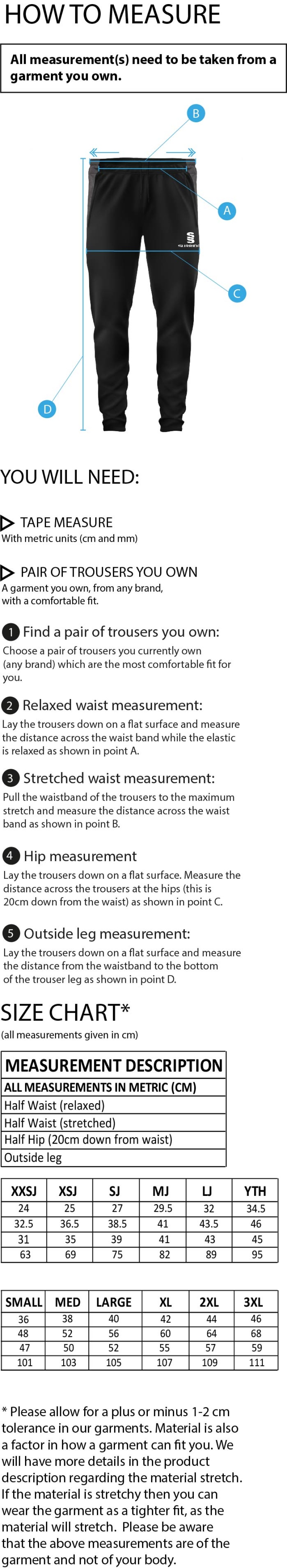 Oswaldtwistle Immanuel CC - Dual Tek Pants - Size Guide