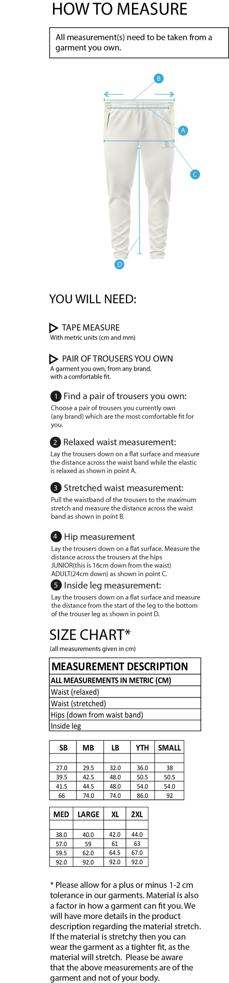 Oswaldtwistle Immanuel CC - Tek Playing Pant - Size Guide