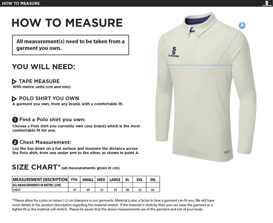 Oswaldtwistle Immanuel CC - Ergo Long Sleeve Navy Trim Shirt - Size Guide